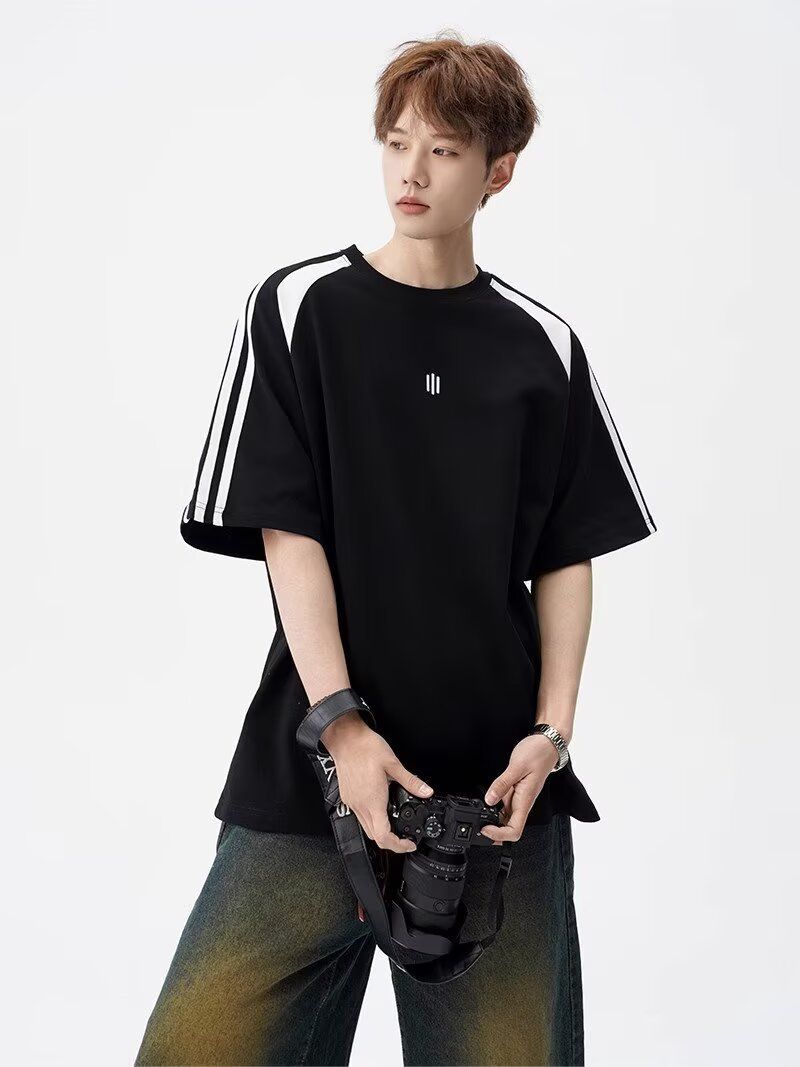 Men's Fashion Short Sleeve T-Shirt Breathable Ice Silk Fabric Relaxed Fit Round Neck Color Blocking Design Versatile Casual Wear For Young Adults_voghion.com