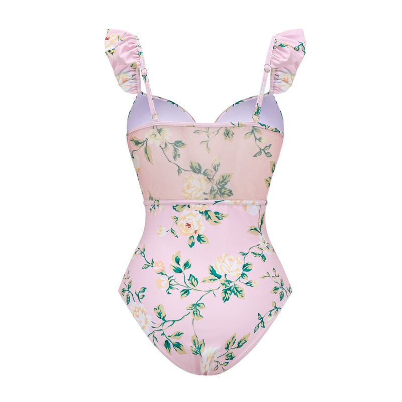 Women's new swimwear women's Mini ruffled sweet pink floral beach vacation one-piece swimsuit suit_voghion.com