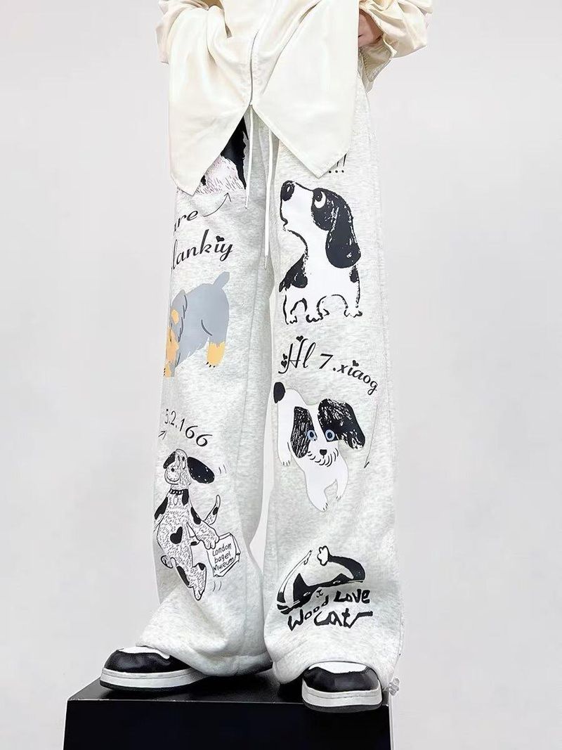 Herrkläder Retro Trendiga Valp Graffiti Casual Byxor Moderiktiga Och Mångsidiga Trendiga Nischade Par Casual Sportbyxor_voghion.com