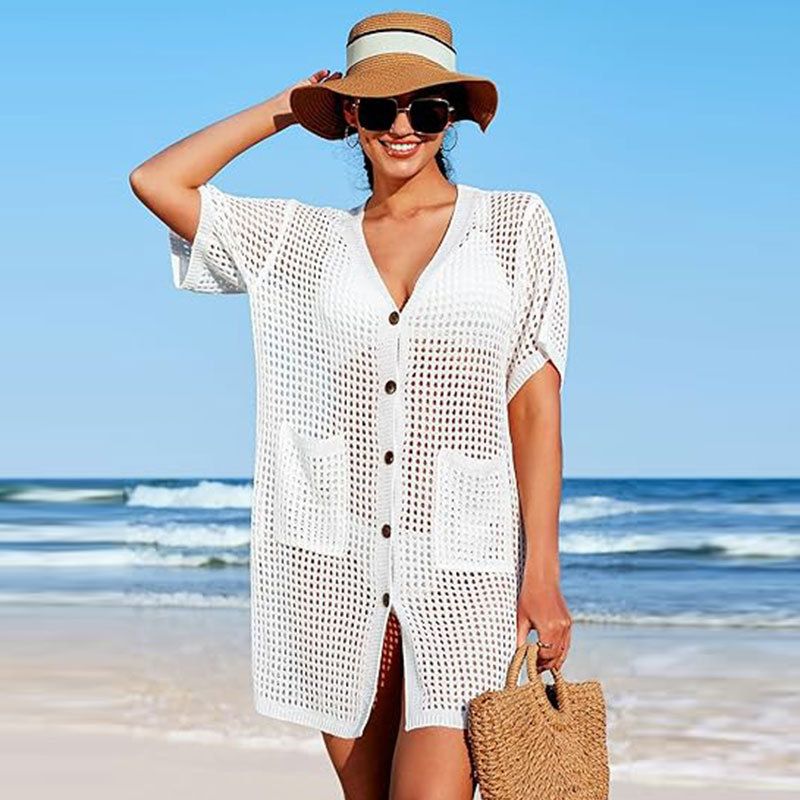 Strandüberzug aus Spitze und Strick mit kurzen Ärmeln für Damen – leichtes, sonnenschützendes Bademoden-Überkleid für Urlaub, Pool und Sommerausflüge_voghion.com