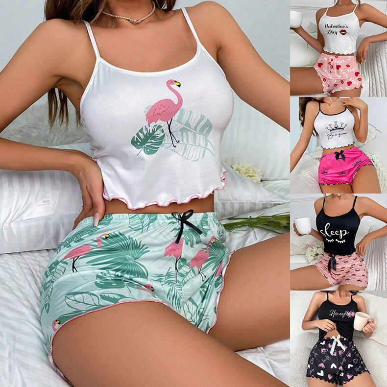 Neue grenzüberschreitende mehrfarbig bedruckte Milchseide, lässige Heimkleidung, Shorts, Hosenträger, zweiteiliger Pyjama_voghion.com