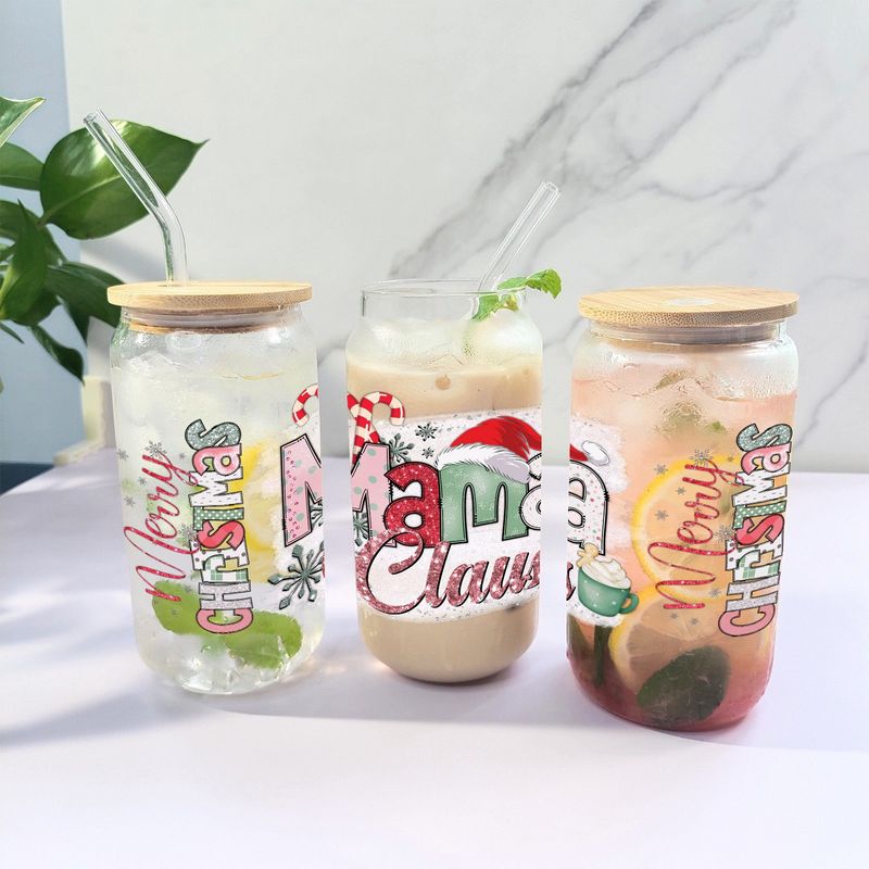 Nowoczesny, minimalistyczny świąteczny kubek z bambusową pokrywką i słomką – kubek borokrzemianowy o pojemności 16 uncji, ekologiczny i szczelny (zestaw 2 szt.)_voghion.com