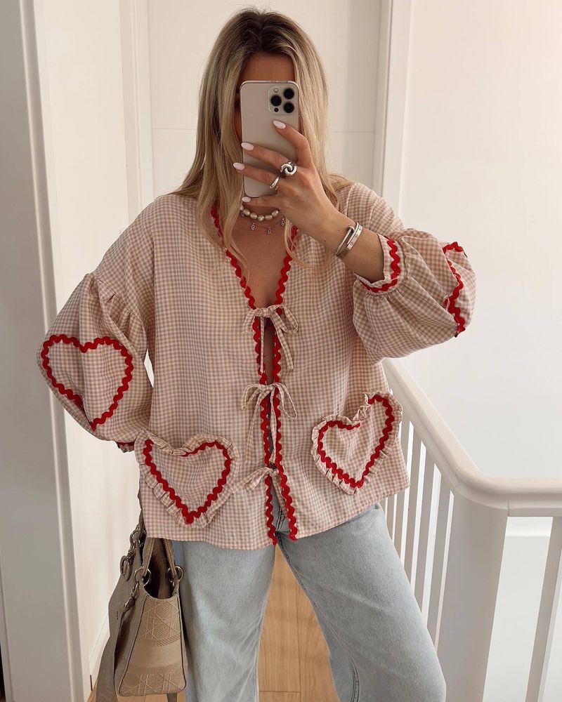 Women's Clothing Tie Front Top Leopard Print Ruffle Babydoll Top 3/4 Length Puff Sleeves_voghion.com