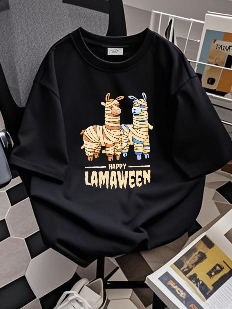 T-shirt da uomo in cotone con scritta "Happy Lamaween Funny Blade Halloween", elasticizzata, leggermente traspirante, comoda, unisex, alla moda, morbida, da uomo, streetwear, versatile_voghion.com