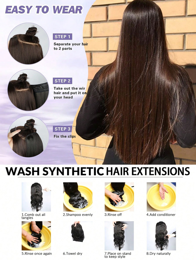 22 Zoll unsichtbare glatte Haarteile für den täglichen Gebrauch, synthetische Haarverlängerungen mit transparentem, verstellbarem Draht für Frauen (dunkel)._voghion.com