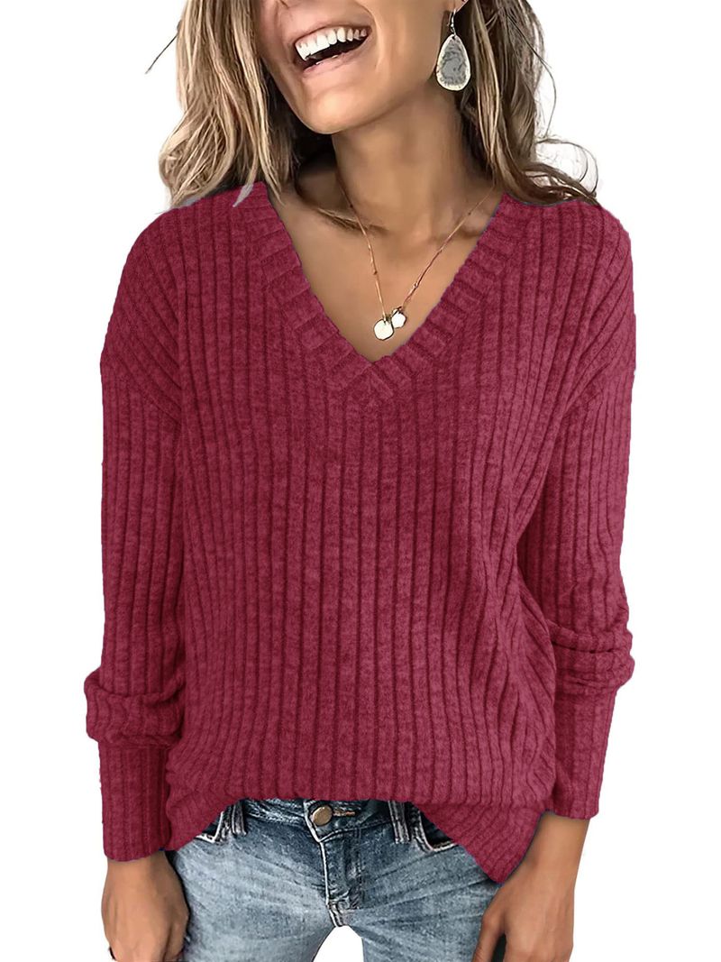 K Women's Long-sleeved V-neck Ribbed Brushed Knitted Top T-shirt_voghion.com