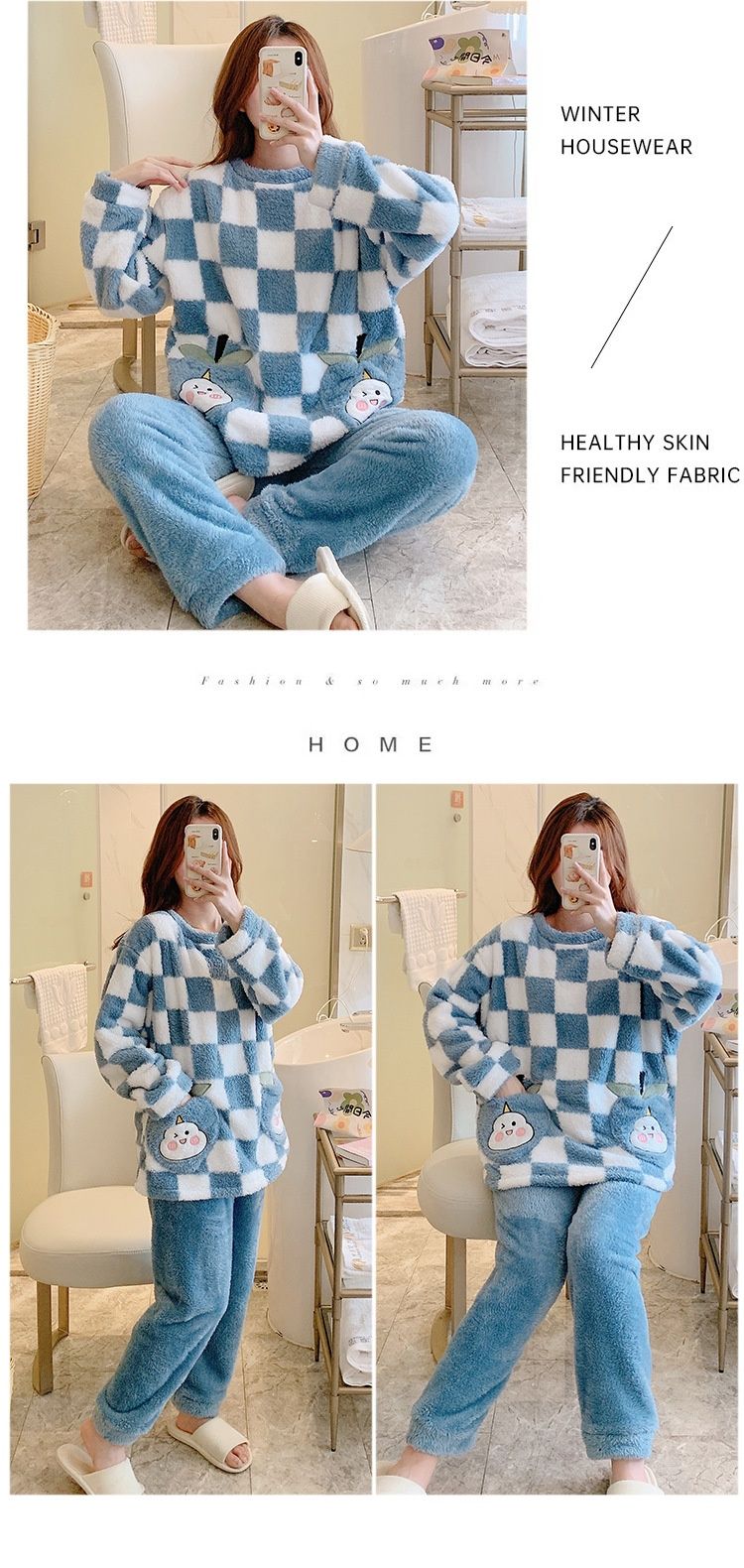 Langhaariger Pyjama für Damen im Winter 2023, süße karierte Langarmhose mit Übergröße 260 Pfund, molliges MM_voghion.com