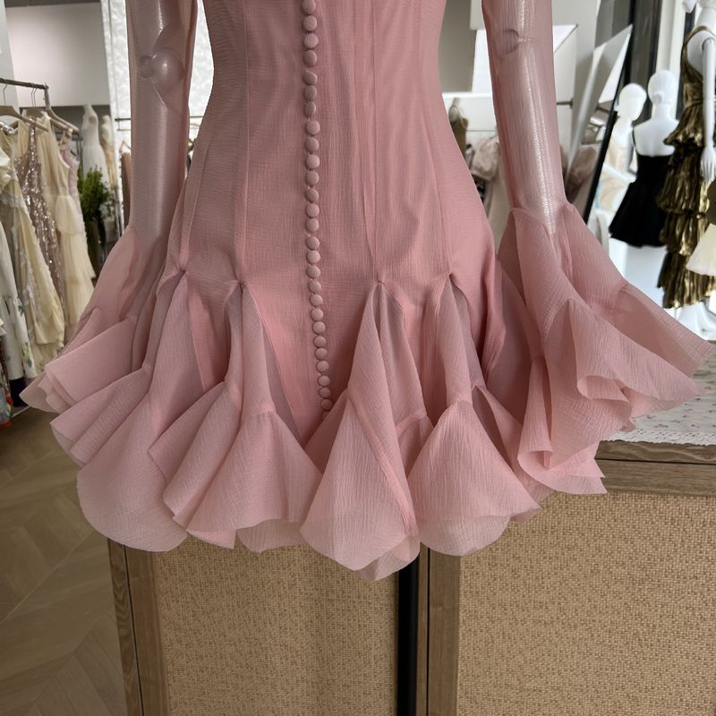 Damenbekleidung Nische Flower Fairy Bud Buttoned Slim Dress Sweet Salt Einzigartiges Design Einfarbig Kurz_voghion.com