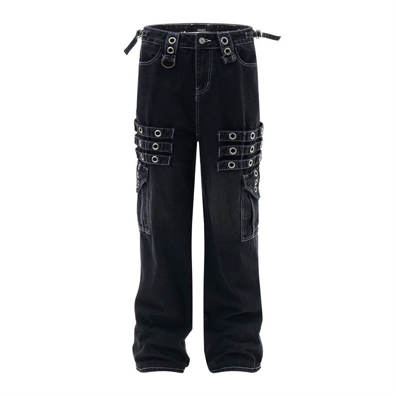 Punk Rock Cargo Jeans For Men Hiphop Trendy Niche Design With Straps And Pockets Straight-Leg Long Pants_voghion.com