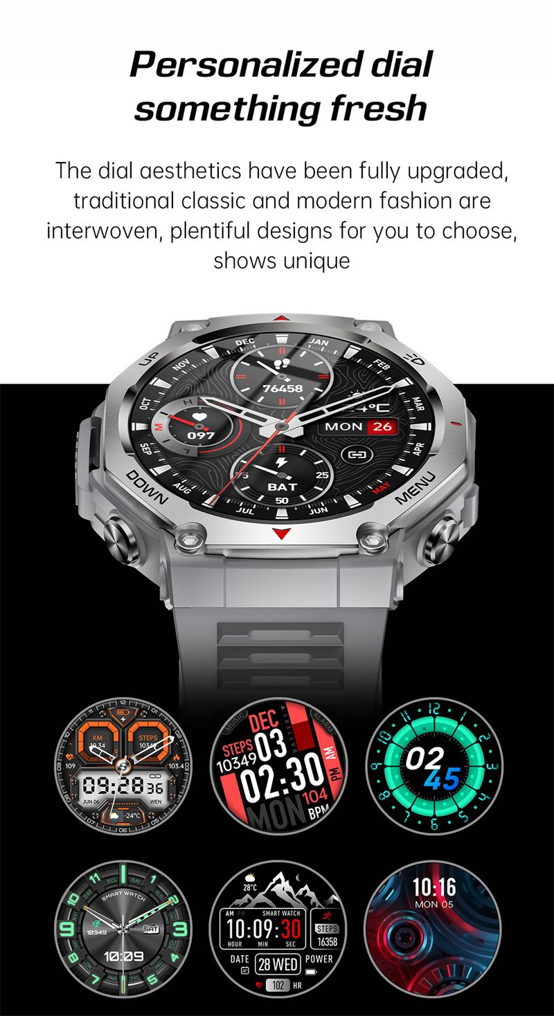 Orologio intelligente robusto per sport all'aria aperta KT85, display HD AMOLED da 1,43", batteria a lunga durata da 525 mAh, monitoraggio del fitness, calorie e distanza._voghion.com