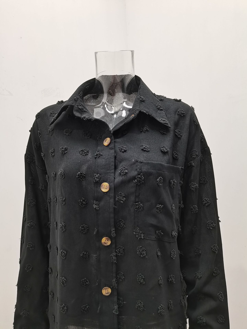 Dameklær Ensfarget chiffon-skjorte med jacquard-polokrage og lange ermer og løse knapper i cardigan-topp_voghion.com