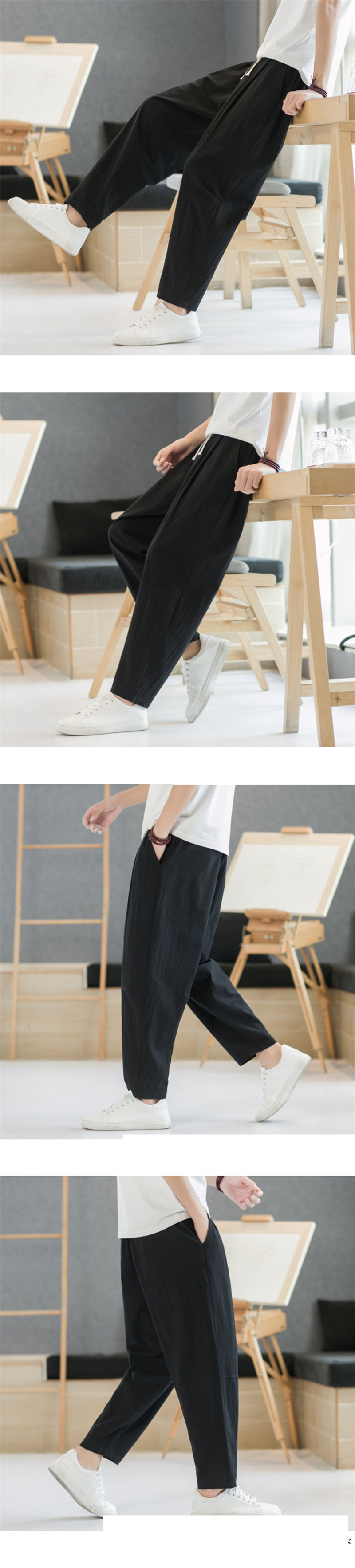 Herrenbekleidung Sommer Freizeithose Herren Leinen lose Leinenhose neun Punkte lange Hose gerade Beinhose_voghion.com