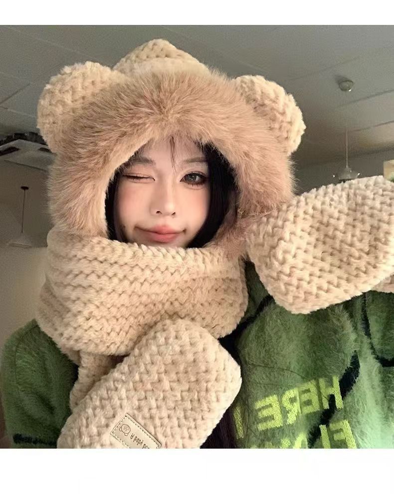 Set di tre pezzi con guanti e sciarpa invernali da donna, più protezione per le orecchie calda e spessa, cappello antifreddo per equitazione all'aperto_voghion.com