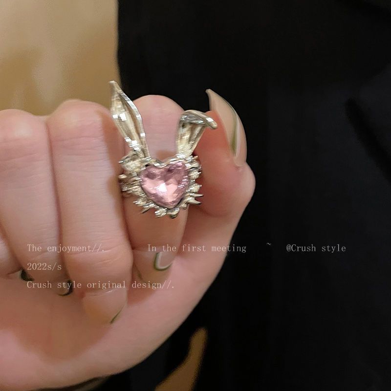 Anello regolabile con zircone aperto e coniglietto giocoso per donne, autunno e inverno, stile coreano, dolce e fresco, per indice_voghion.com