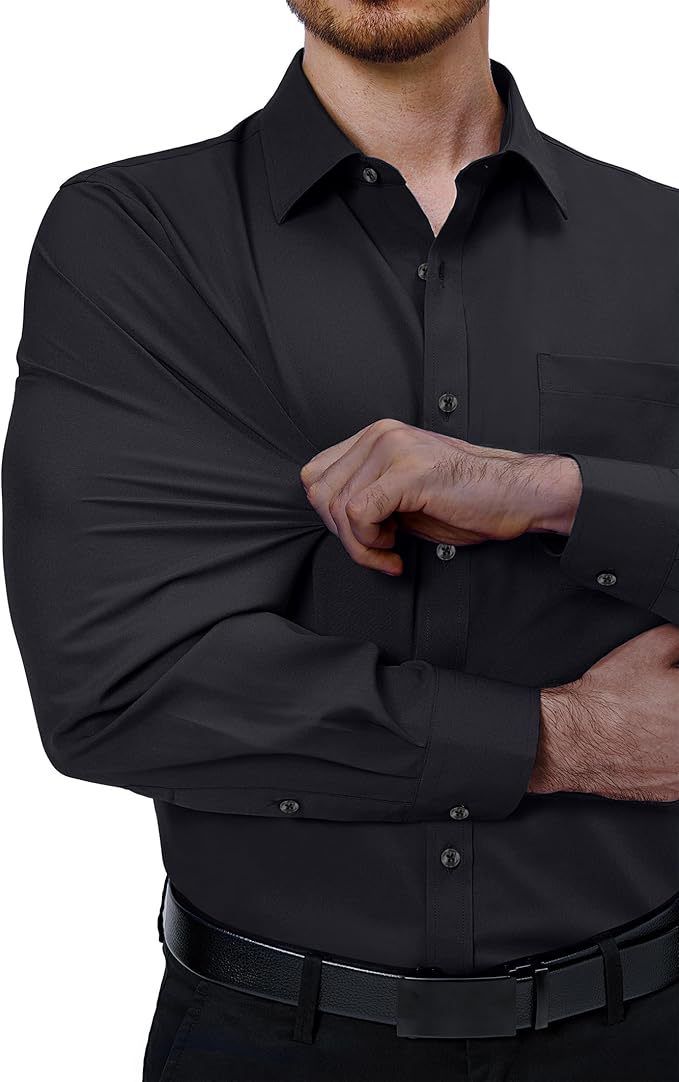 Camicia elasticizzata da uomo con taschino - Camicia casual da lavoro comoda e antipiega, manica lunga, vestibilità slim, traspirante e con protezione UV_voghion.com