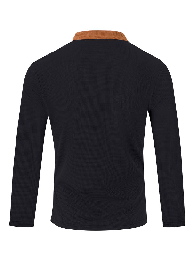 Herrenbekleidung Herren-T-Shirt mit langen Ärmeln im Waffelstrick-Stil – Lässiger brauner Farbblock mit Kordelzugdetail_voghion.com