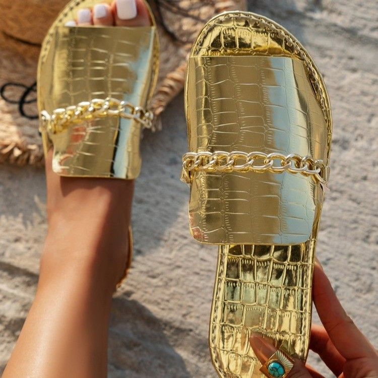 2025 Plus Size Women's Summer Flat Slippers With Crocodile Pattern Chain Fashion Beach Slipper_voghion.com