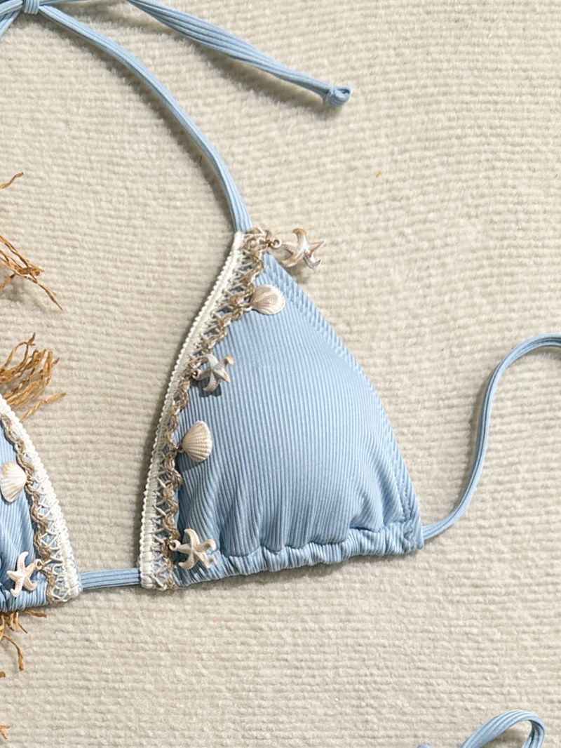 Women's Clothing Swimsuit Women New Shell Bikini Triangle Cup Sexy Halter Neck Strap Lace Up Swimsuit_voghion.com