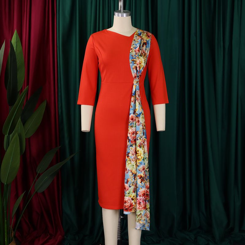 Knopf Krawatte Bedruckt D539 Plus Size Damenmode 2024 Elegantes OL Bleistiftkleid Bodycon Patchwork Atmungsaktives Kleidungskleid_voghion.com