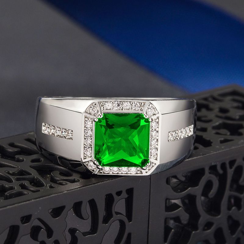 Smaragdschliff Grüner Tsavorit Plattiert Herrenmode Persönlichkeit Diamant Ehering_voghion.com