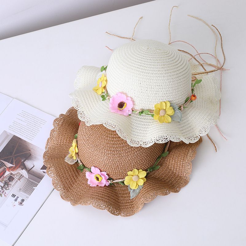 Børne stråpiges blomst, sommer åndbar bølgekant, skyggehat, beskyttelse af forældre-barn strand solhat taske_voghion.com