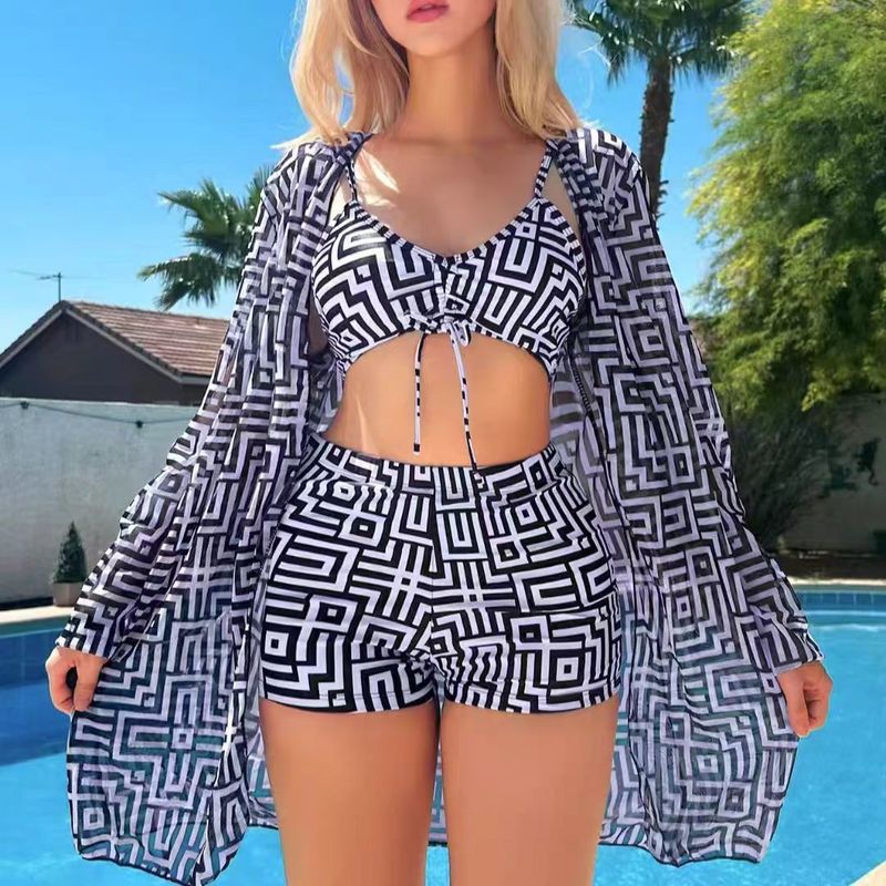 New Women's Two-Piece Swimsuit With Gathered Ruched Top And High-Waisted Swim Shorts Three-Piece Set_voghion.com