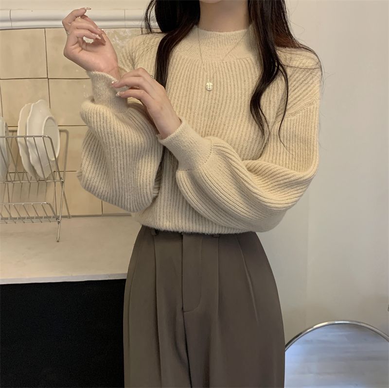 Pull tricoté abricot d'automne pour femme, col rond, manches lanternes, base épaisse, haut ajusté_voghion.com