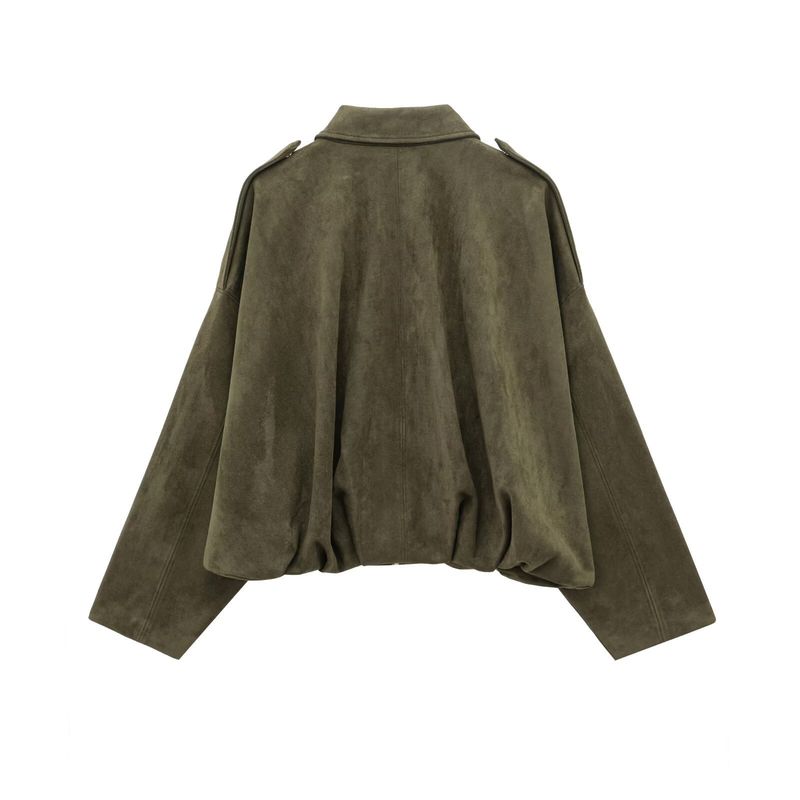 Jaqueta bomber feminina outono inverno com mangas morcego, fecho de zíper, caimento solto, textura de camurça, agasalho casual – P/M/G_voghion.com