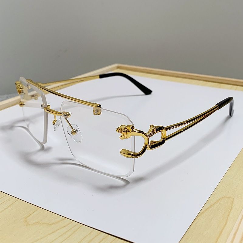 Modieuze gouden metalen vierkante frameloze zonnebril met tijgerkop, coole heren- en damesbril_voghion.com
