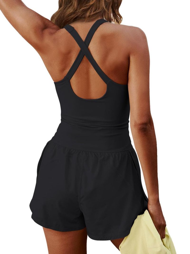 Tweedelige Illusion U-hals afslankende modieuze tanktop met aansluitende shorts, effen kleur, open rug, uitgeholde strakke romper voor dames_voghion.com