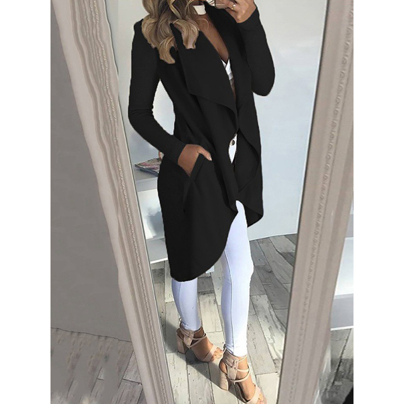Giacca a vento lunga slim da donna moda tinta unita con risvolto_voghion.com