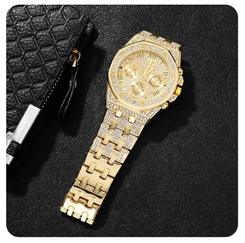 Men's luxury stainless steel gold bracelet, hip-hop diamond, large dial, business, quartz watch, fashionable_voghion.com