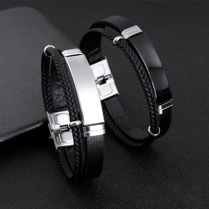 Hip Hop Punk Style Beliebtes Twist Geflochtenes Doppelschicht-Lederarmband Titanstahlarmband_voghion.com