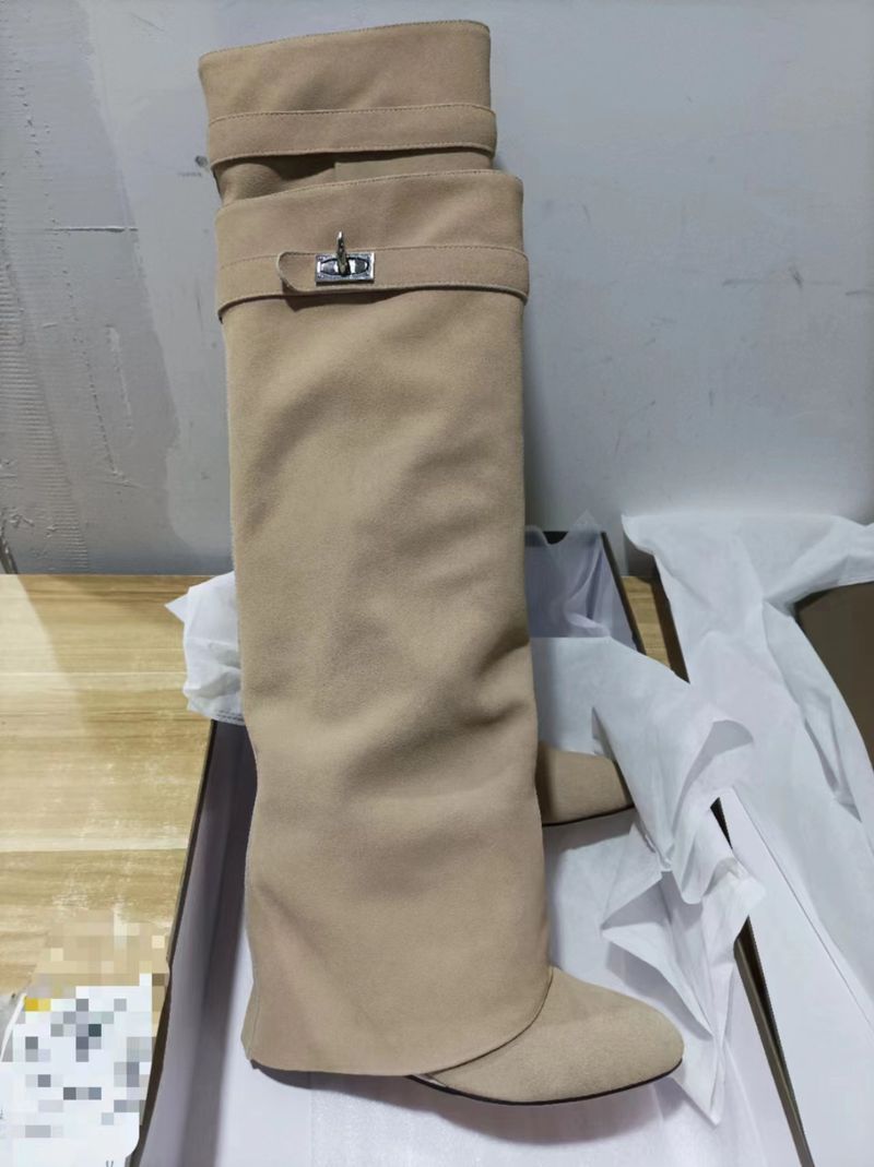 2024 New Round Toe Wide Shaft Straight Shark Buckle Mid-Calf Wedge Heel Boots For Women_voghion.com