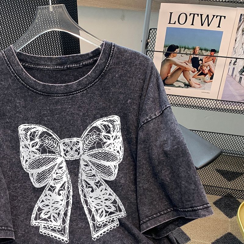 Dammekleeder schwéier T-Shirten mat kuerzen Äermel, an der Summer-Street-Niche-Moud, locker Tops aus purer Kotteng fir Koppelen_voghion.com