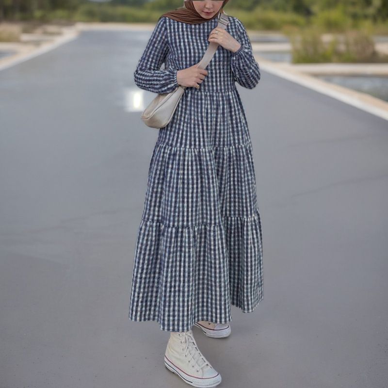 Schlichtes, langärmliges, kariertes Kaftan-Kleid – elastische Bündchen, entspannte Passform, Maxilänge (Blau/Khaki/Schwarz, S-5XL, Loungewear im Dubai-Stil)_voghion.com