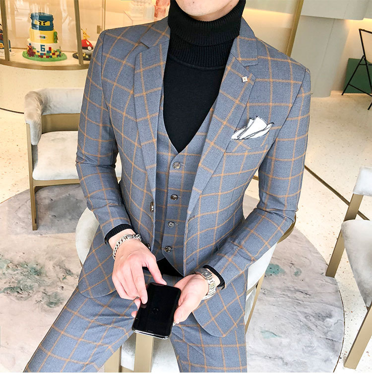 Terno de três peças masculino houndstooth terno de negócios estilo britânico colete terno de casamento masculino de três peças_voghion.com
