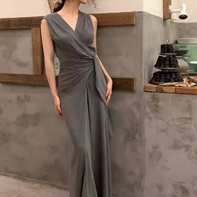 Dreamy Chinese Style Overlapping Collar Wrap Fashion New Sleeveless Soft Draped Dress_voghion.com