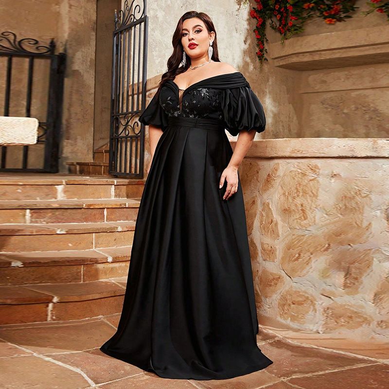Elegant Off-Shoulder Evening Gown – Stretch Satin Formal Dress With Deep V-Neck (Plus Size 0XL-4XL, Black Velvet Finish)_voghion.com