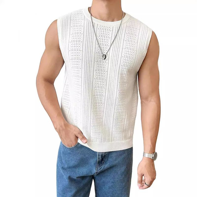 Herrenbekleidung Sommer Herren Neue einfarbige hohle atmungsaktive Rundhals-Freizeitweste Pullover Herren ärmellose Oberteile Herrenbekleidung_voghion.com