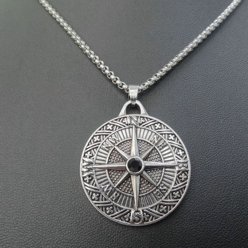 Viking Rune Letter Stainless Steel Chain Personalized Compass Protector Two tone Rotating Pendant_voghion.com