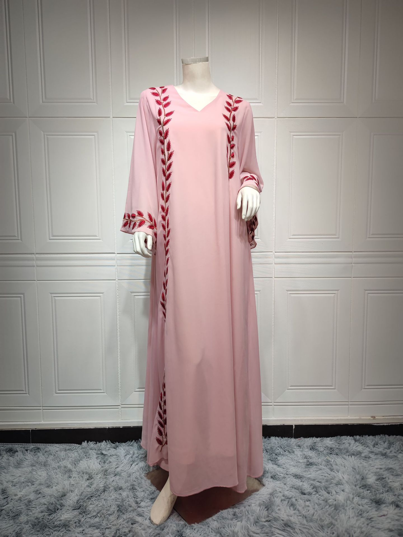 Damenmode Street Chiffon langes muslimisches besticktes rosafarbenes Rundhalskleid mit Hijab_voghion.com