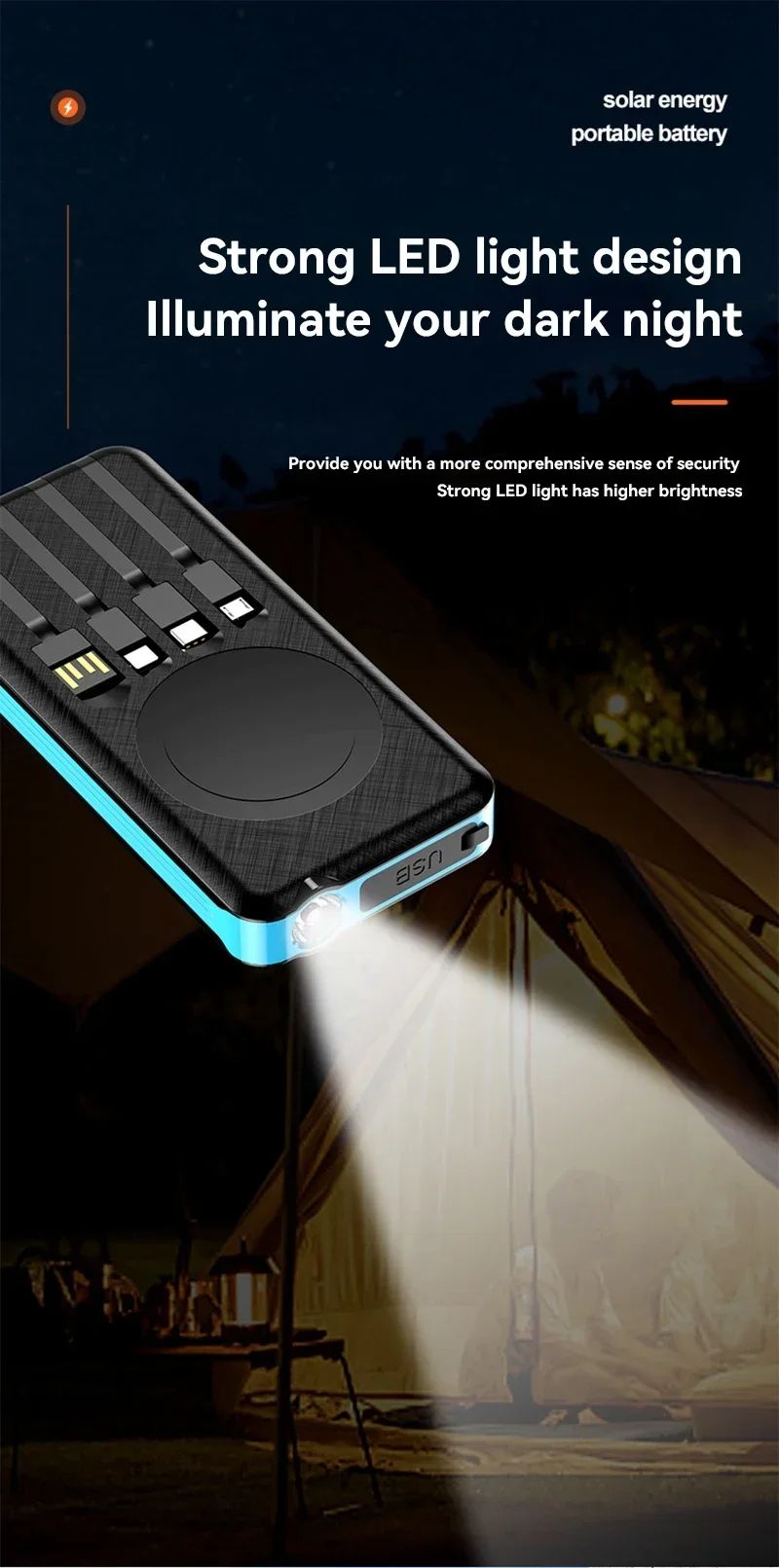 100000mAh Solar Bank Wireless Fast Charging Battery Large Capacity Mobile Power Dual USB 4 Cables For IPhone_voghion.com
