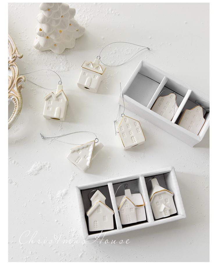 NUCHI Kleines Keramikhaus-Set, Anhänger, Weihnachtsbaum, hängende Ornamentdekoration_voghion.com