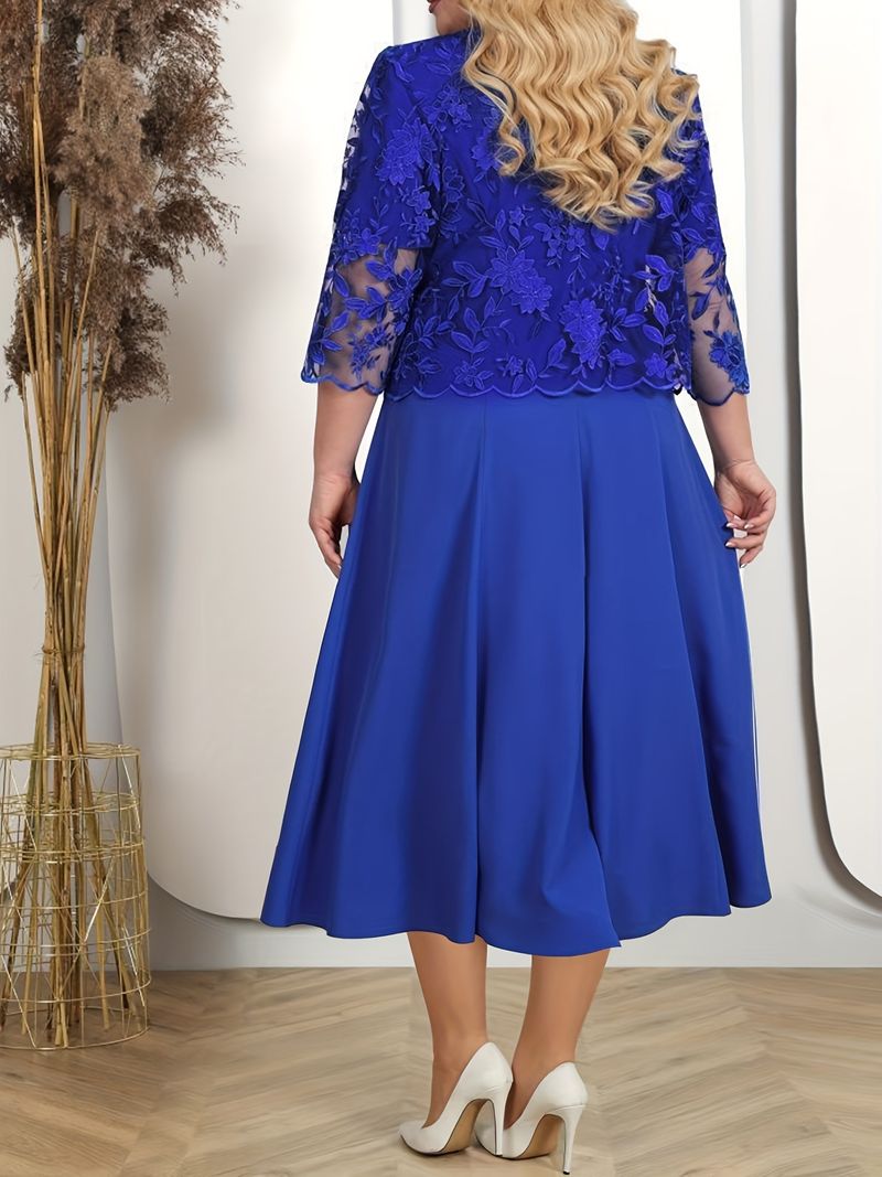 Fréijoer/Summer Neit Plus-Size Dammekleed 2-teilig Mosaik-gestickte Spitzen-Cocktailkleed_voghion.com