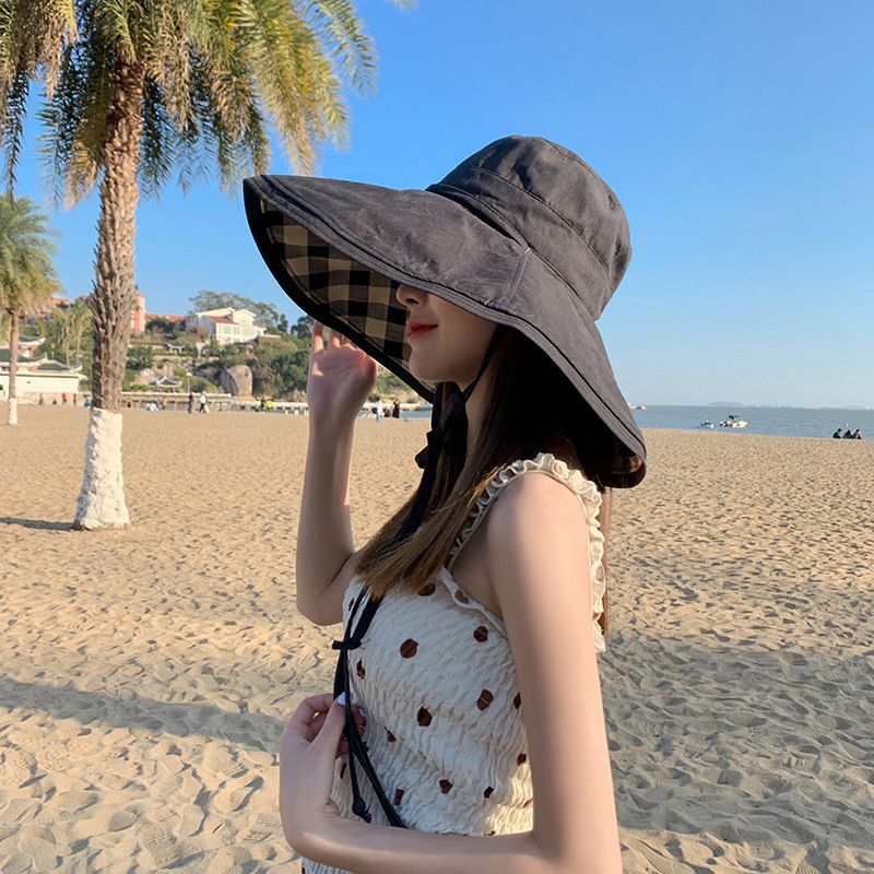 Fashion Double-sided Foldable Bucket Hats for Women Summer Sun Hat Solid Plaid Wide Brim Panama Beach Fisherman Cap_voghion.com