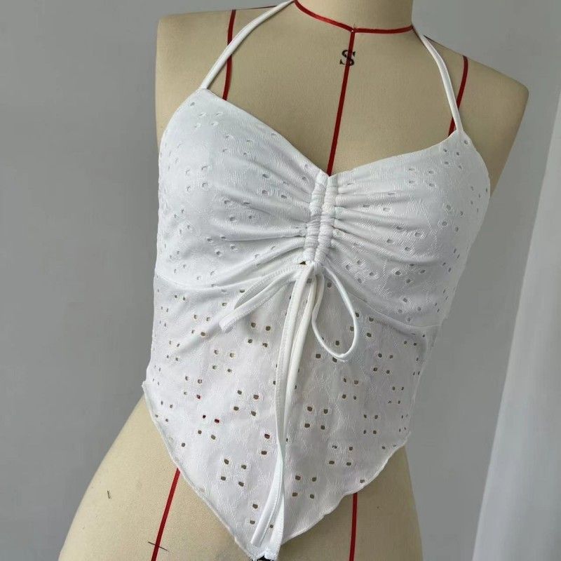 Top camisola irregular con cordón y cuello halter para mujer_voghion.com