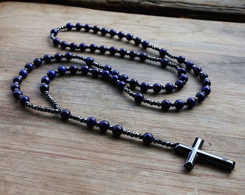 Vente chaude 6mm Lapis Lazuli Pierre Perle Hématite Pour Hommes Femmes Catholique Christ Chapelet Croix Pendentif Collier Dropshipping_voghion.com