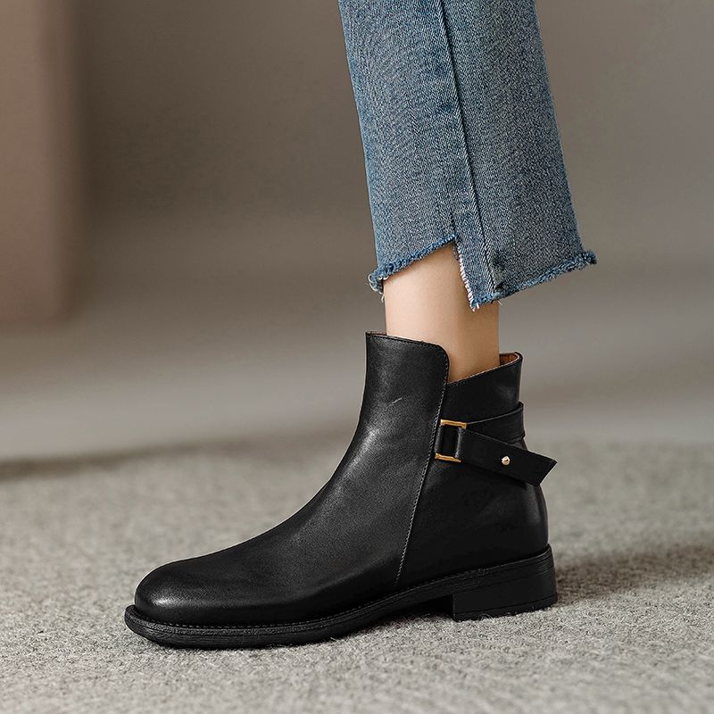Retro Runde Zehe Echte Gürtelschnalle Herbst Und Winter Neue Ankunft Seitlicher Reißverschluss Dicker Niedriger Absatz Stiefeletten Damen_voghion.com
