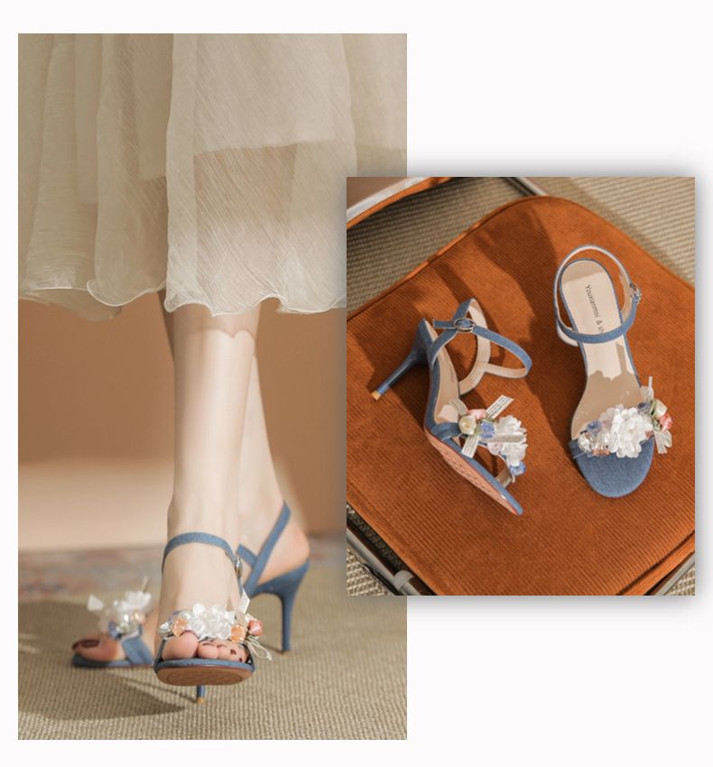 2308-11 Open Toe Sandals For Women With Appliqué, One-Strap Buckle, Thin Heel, Denim High Heels, French Style, Elegant_voghion.com